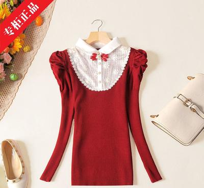 2014秋韩版娃娃翻领刺绣拼接针织衫 时尚与舒适的完美融合